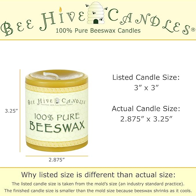 100% Pure Beeswax Pillar Candle (3" x 3") | Natural Beeswax Candles | Soy, Paraffin & Fragrance
