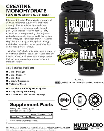 NutraBio Pure Micronized Creatine Monohydrate Powder Supplement, Unflavored, (1000 g) - Supports