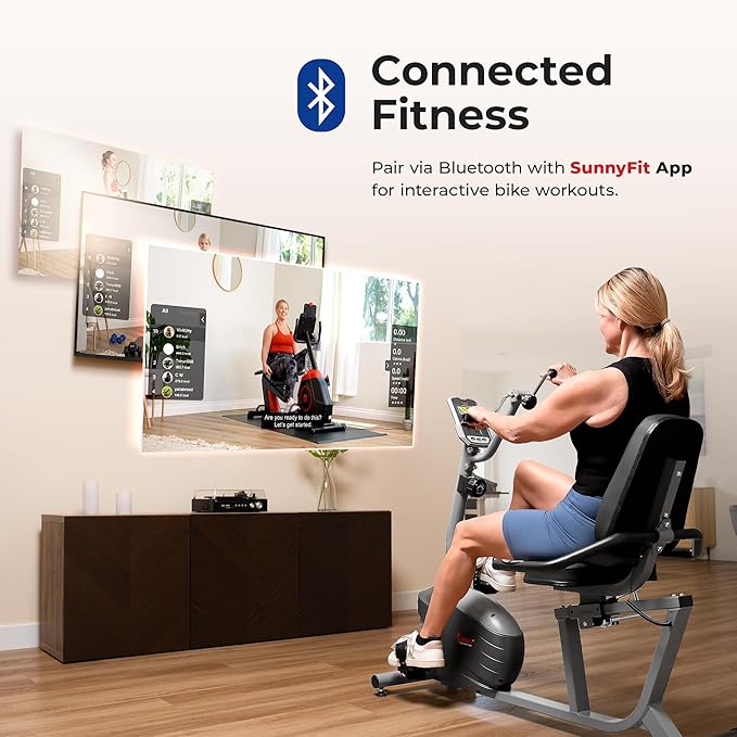 Sunny Health & Fitness Smart Indoor Recumbent Bike Trainer, Home Full Body Workout & Cardio Cycling