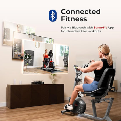 Sunny Health & Fitness Smart Indoor Recumbent Bike Trainer, Home Full Body Workout & Cardio Cycling