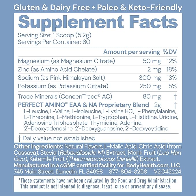 BodyHealth PerfectAmino Electrolytes Powder No Sugar, Keto Sugar Free Fasting Electrolytes Drink