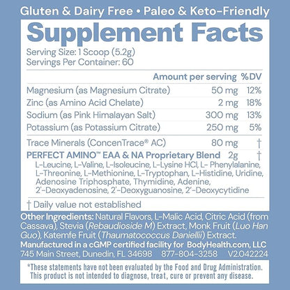 BodyHealth PerfectAmino Electrolytes Powder No Sugar, Keto Sugar Free Fasting Electrolytes Drink