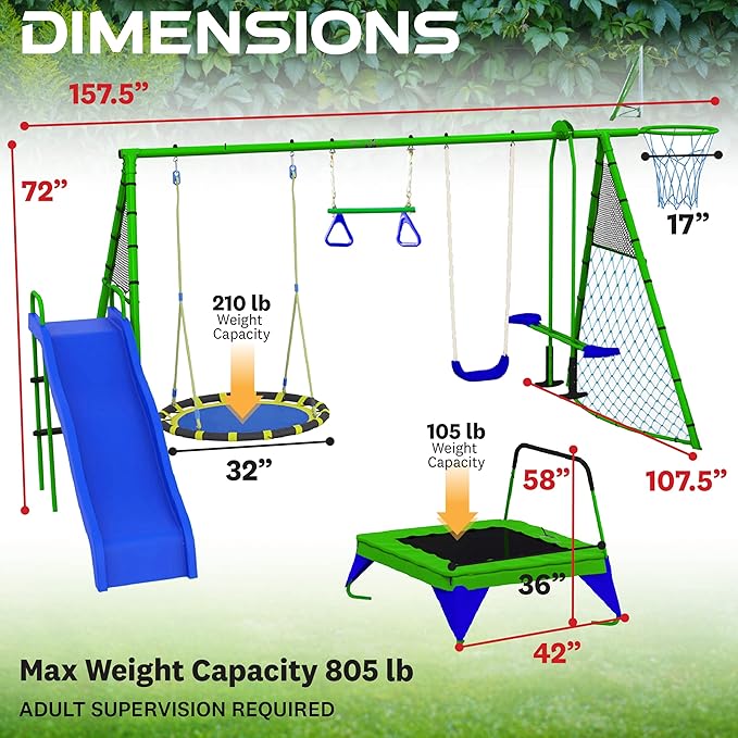 Sports Outdoor 8 Station Playground Set, Includes Swing Set, Slide, Monkey Bars, Basketball Hoop