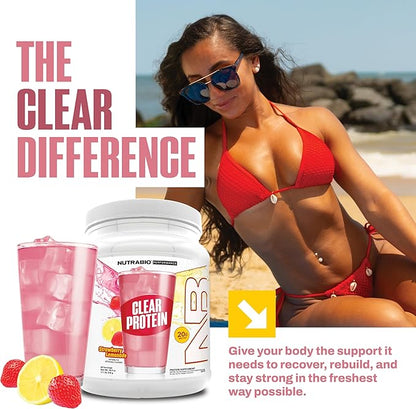 NutraBio Clear Protein Powder, Strawberry Lemonade - 20 Servings, 20g Clear Whey Protein Isolate, 0