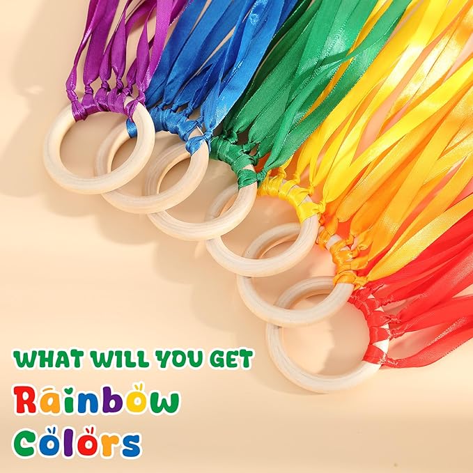 Deekin 12 Pcs Rainbow Ribbon Wooden Waldorf Toys Creative Waldorf Hand Kite Set Streamers with Wood