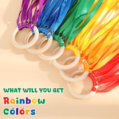 Deekin 12 Pcs Rainbow Ribbon Wooden Waldorf Toys Creative Waldorf Hand Kite Set Streamers with Wood