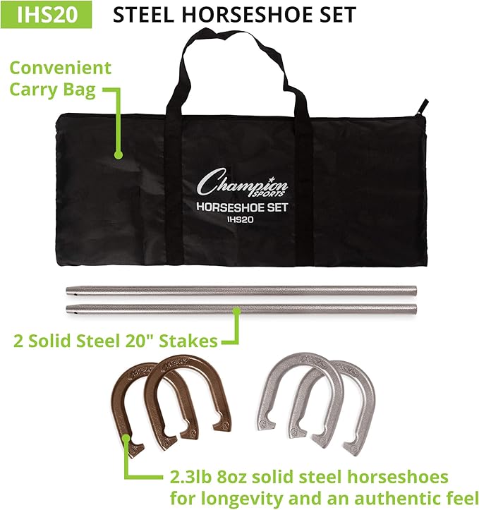 Champion Sports Horseshoe Set: Traditional Outdoor Lawn Game includes Four Professional Solid Steel