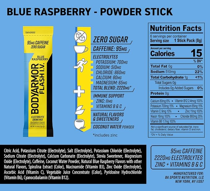 BODYARMOR Caffeinated Flash I.V. Electrolyte Packets Blue Raspberry - Zero Sugar Energy Drink Mix