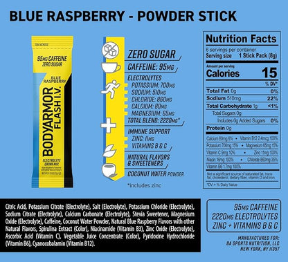 BODYARMOR Caffeinated Flash I.V. Electrolyte Packets Blue Raspberry - Zero Sugar Energy Drink Mix