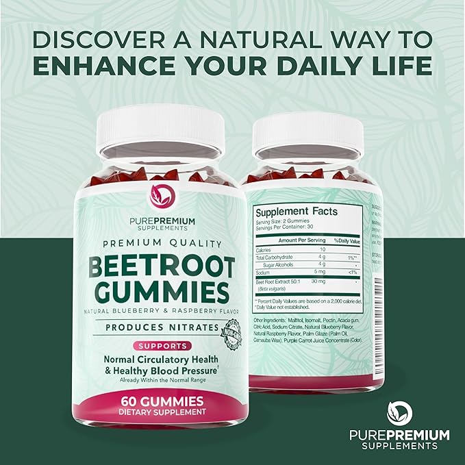 PurePremium Beet Root Gummies - 60 Sugar Free Chews (50:1 Equivalent 1500 mg) - Super Nitric Oxide