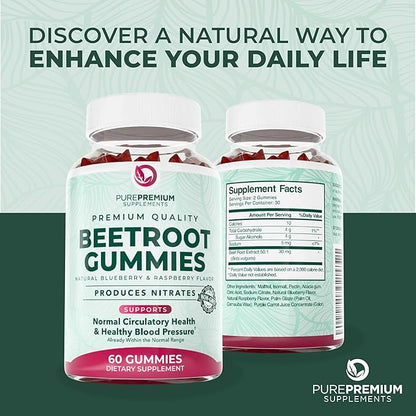 PurePremium Beet Root Gummies - 60 Sugar Free Chews (50:1 Equivalent 1500 mg) - Super Nitric Oxide