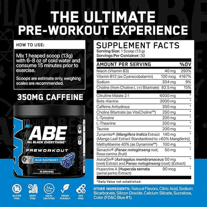 All Black Everything Pre Workout Powder | 30 Servings | Blue Razz | 350mg Caffeine | Nootropic
