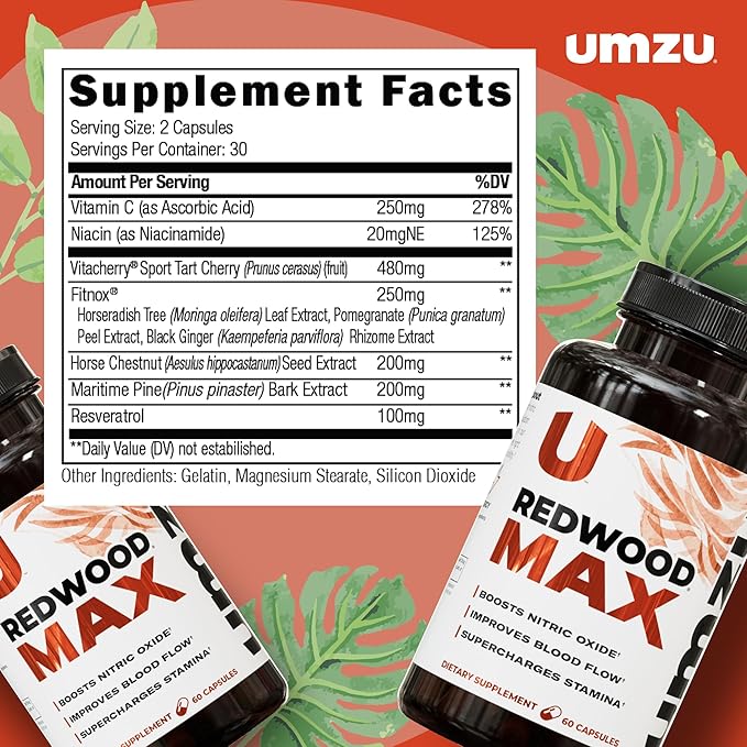 UMZU Redwood Max Nitric Oxide Booster, 1-Month Supply -Advanced Nitric Oxide Supplement with Fitnox