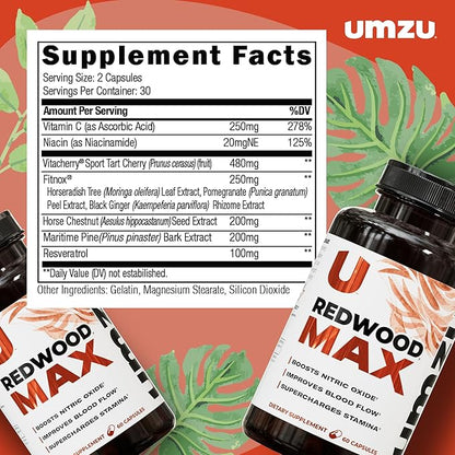 UMZU Redwood Max Nitric Oxide Booster, 1-Month Supply -Advanced Nitric Oxide Supplement with Fitnox