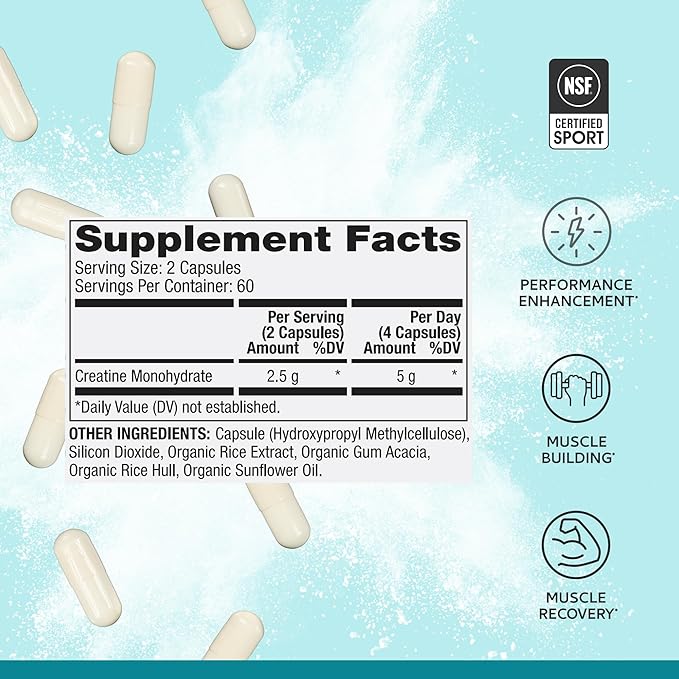Dr. Mercola Pure Power Creatine Monohydrate, 60 Servings (120 Capsules) 2.5g Per Serving, Dietary