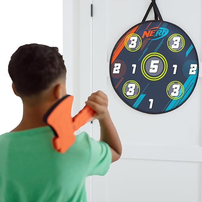 NERF Lumberjack Toss Axe Throw - Back-of-Door Axe Tossing Target with 2 Foam Axes - Great for Game