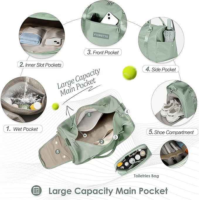 FIORETTO Womens Gym Tote Duffle Bag with Toiletry Bag, Sports Duffel Overnight Hospital Workout