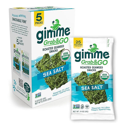 Gimme Seaweed Grab & Go Organic Premium Roasted Seaweed Snacks, Sea Salt, 5 Count Trayless, Keto