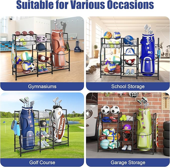 Sports Equipment Organizer Golf Bag Stand Golf Storage Organizer for Garage with Basket and Hooks