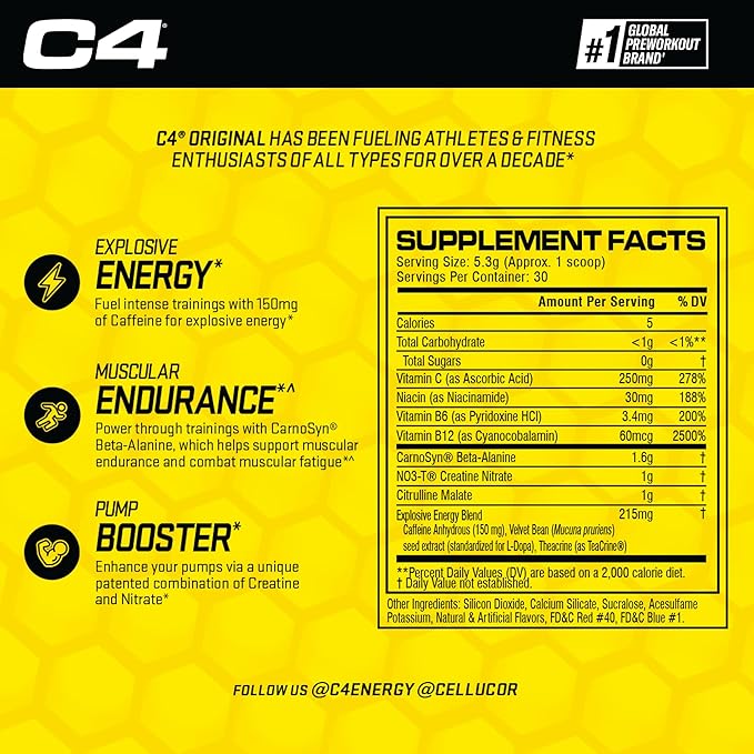 Cellucor C4 Original Pre Workout Powder Grape Sugar Free Preworkout Energy for Men & Women 150mg