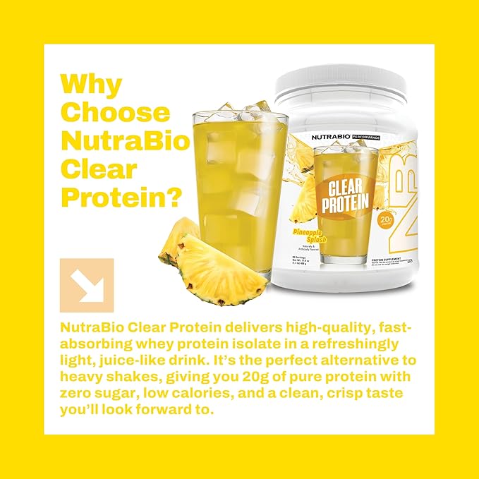 NutraBio Clear Protein Powder, Pineapple Splash - 20 Servings, 20g Clear Whey Protein Isolate, 0