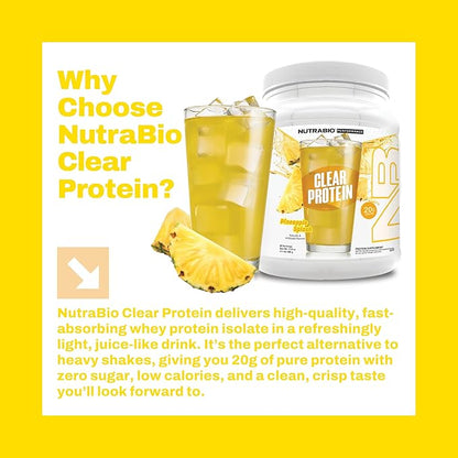 NutraBio Clear Protein Powder, Pineapple Splash - 20 Servings, 20g Clear Whey Protein Isolate, 0