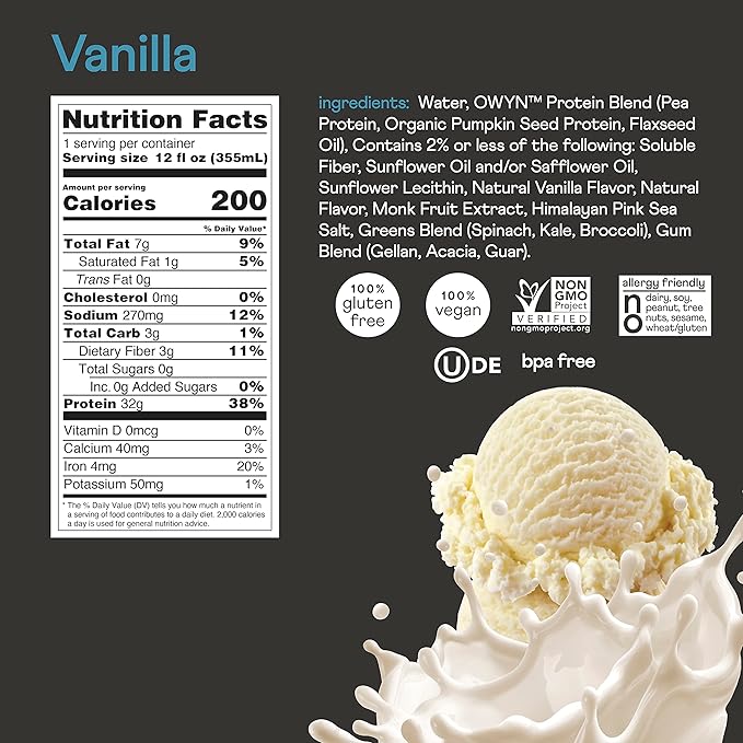 OWYN Only What You Need Pro Elite Vegan Plant Based High Protein Shake, Vanilla, 12 Pack, 32g