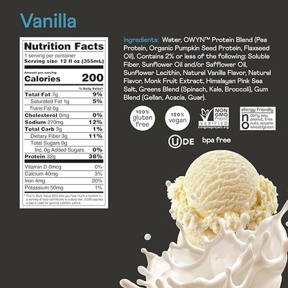 OWYN Only What You Need Pro Elite Vegan Plant Based High Protein Shake, Vanilla, 12 Pack, 32g
