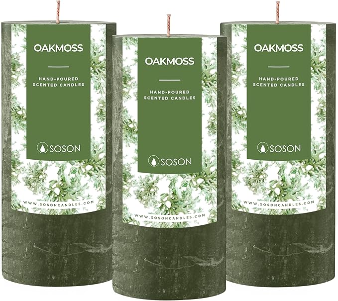 Simply Soson 3x6 inch Dark Moss Green Rustic Oakmoss Pillar Scented Candle - 3 Pack - for Home