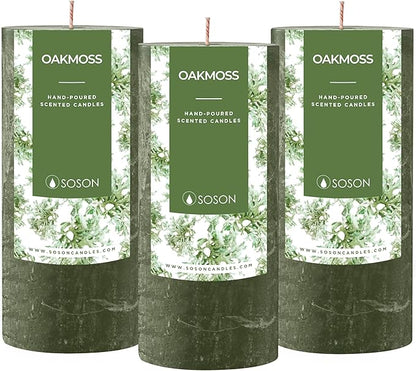 Simply Soson 3x6 inch Dark Moss Green Rustic Oakmoss Pillar Scented Candle - 3 Pack - for Home