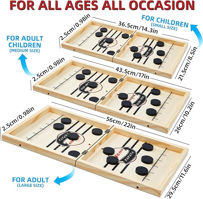 Foldable Fast Sling Puck Game with Chess Board and Checkers Board, Tic Tac Toe. Wooden Air Hockey