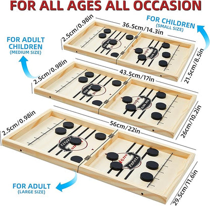 Foldable Fast Sling Puck Game with Chess Board and Checkers Board, Tic Tac Toe. Wooden Air Hockey