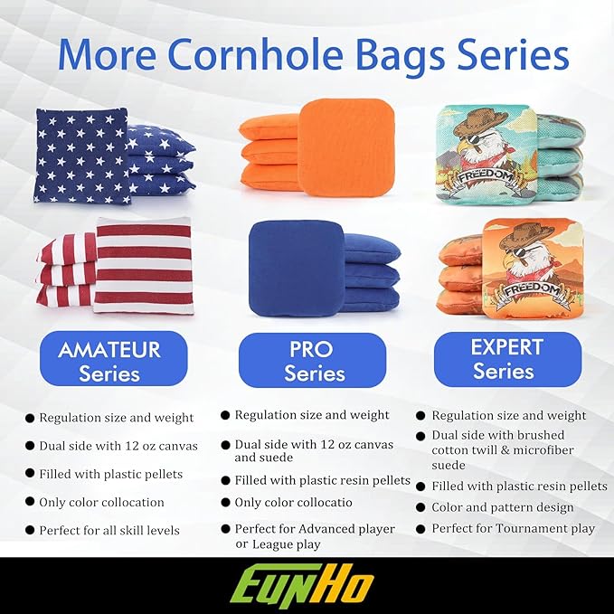 EunHo Dual Sided Cornhole Bags Regulation Set of 8 Professional Cornhole Bean Bags Slick and Stick