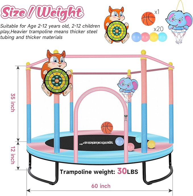 Pink Indoor Trampoline for Kids 2-5, 5ft Mini Indoor & Outdoor Small Toddler Trampoline with Net