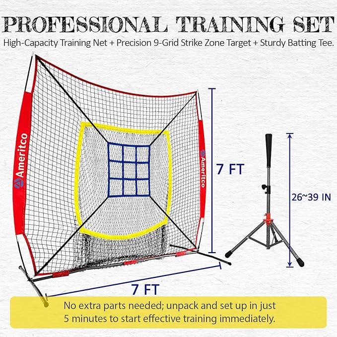 Baseball Net，7x7ft Baseball Practice Net with Tee and Target, Large Pocket Sports net for