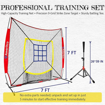 Baseball Net，7x7ft Baseball Practice Net with Tee and Target, Large Pocket Sports net for