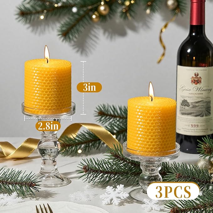 Hand-Rolled Beeswax Candles,2.8x3in-3PCS,All Natural Honeycomb Beeswax Pillar Candles,72 Hours Long