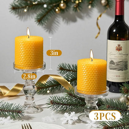 Hand-Rolled Beeswax Candles,2.8x3in-3PCS,All Natural Honeycomb Beeswax Pillar Candles,72 Hours Long