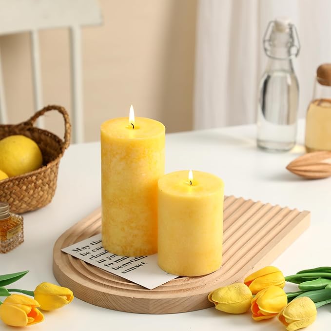 3x6 inch Yellow Pillar Candles Set of 3, Unscented Pillar Candle, Dripless and Smokeless Large
