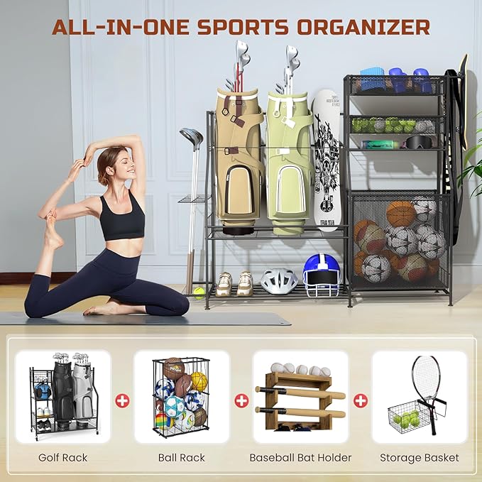 Garage Sports Equipment Organizer,3 Golf Bags Storage Stand,Heavy-Duty Ball Storage Rack with