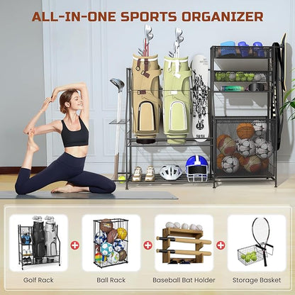 Garage Sports Equipment Organizer,3 Golf Bags Storage Stand,Heavy-Duty Ball Storage Rack with
