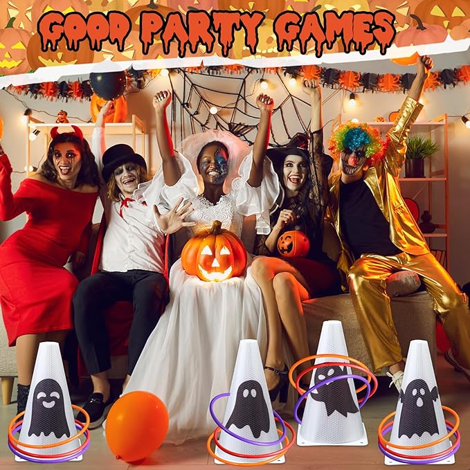 Leitee 6 Sets Candy Corn Ring Toss Game Plastic Cones Ring Toss Combo Set Mini Traffic Cones Toss