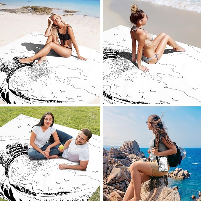 Beach Blanket, Waterproof Sandproof Beach Mat with 4 Stakes & 4 Pockets, 78''×86'' Lightweight