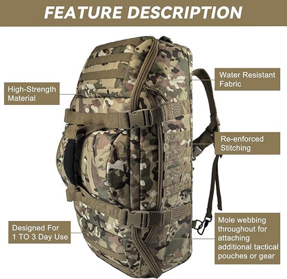 65L Large Duffle Bag, 3-in-1 Tactical Backpack MOLLE Pack for Sports, Gym, Outdoor, CP
