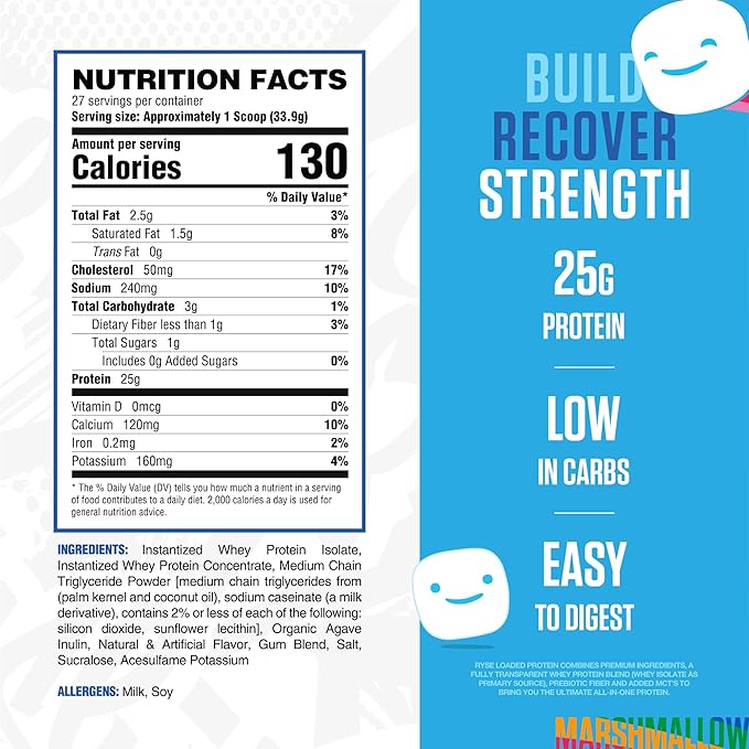RYSE Loaded Protein Powder - Jet-Puffed Marshmallow - 25g Whey Protein Isolate & Concentrate with