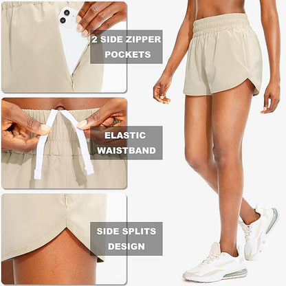 SANTINY Women's Running Shorts with Zip Pockets High Waisted Athletic Workout Gym Shorts for Women