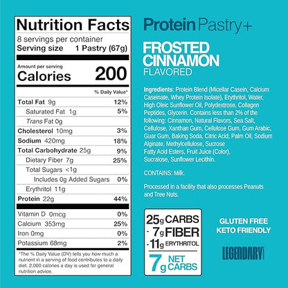 Legendary Foods 22g Protein Pastry+ Cinnamon Low Carb Meal Replacement Bar - Low Glycemic, Gluten
