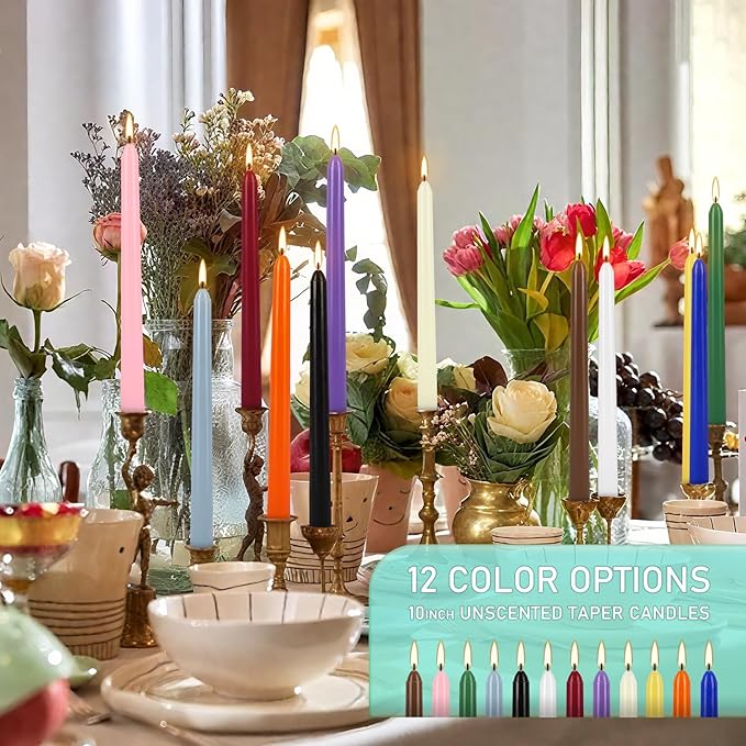 24 Colored Taper Candles, 7-8 Hours Burn Time, Unscented, Smokeless and Dripless, 0.75 x 10 Inch