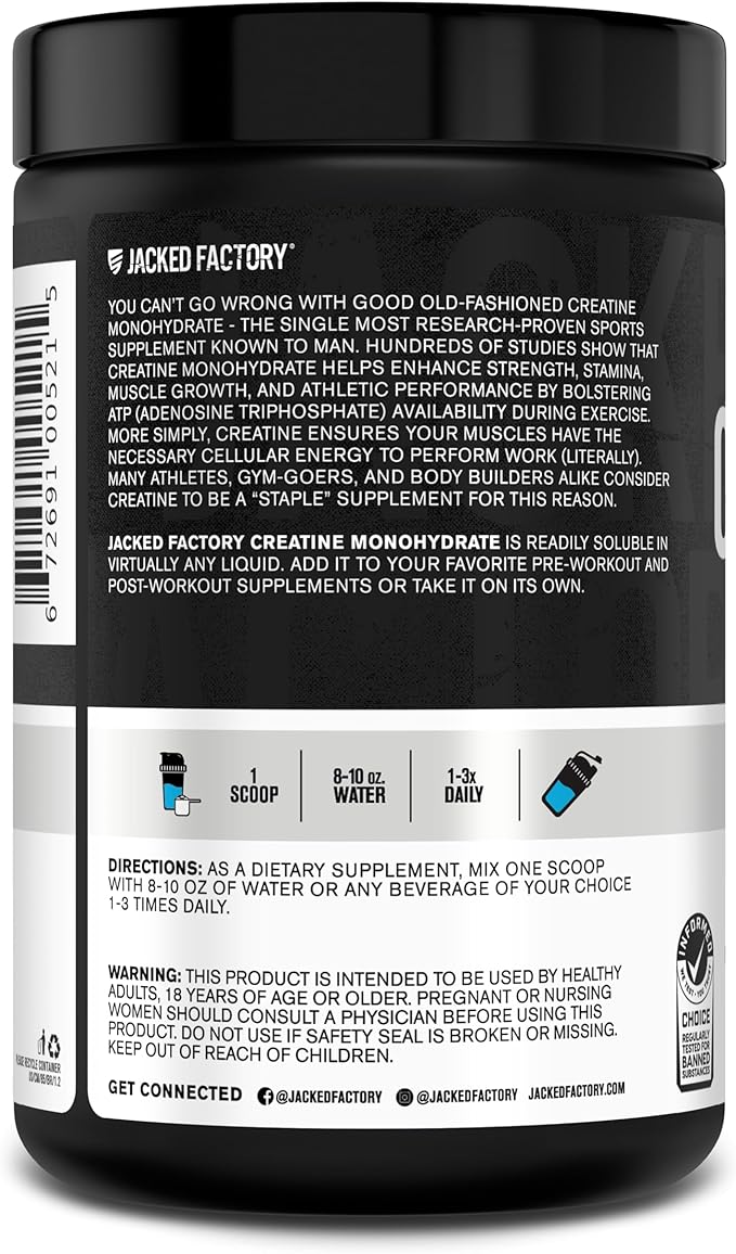 Jacked Factory Creatine Monohydrate Powder 425g - 5g Daily Creatine Supplement for Men and Women