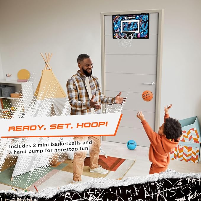 AND1 Over the Door Mini Basketball Hoop: 18x12 Shatterproof Backboard, 2 Mini Basketballs, and Hand